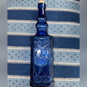Glass Decorative Bottle App.  12” High Cobalt Blue w/ Raised Design Cork Vintage